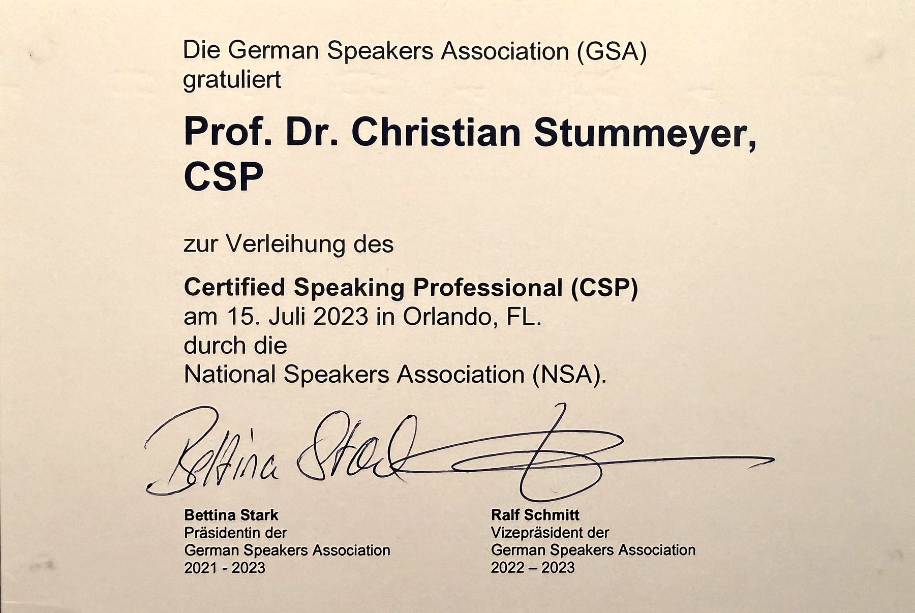 Certificate of the German Speakers Association on the conferral of the Certified Speaking Professional designation upon Prof. Dr. Christian Stummeyer