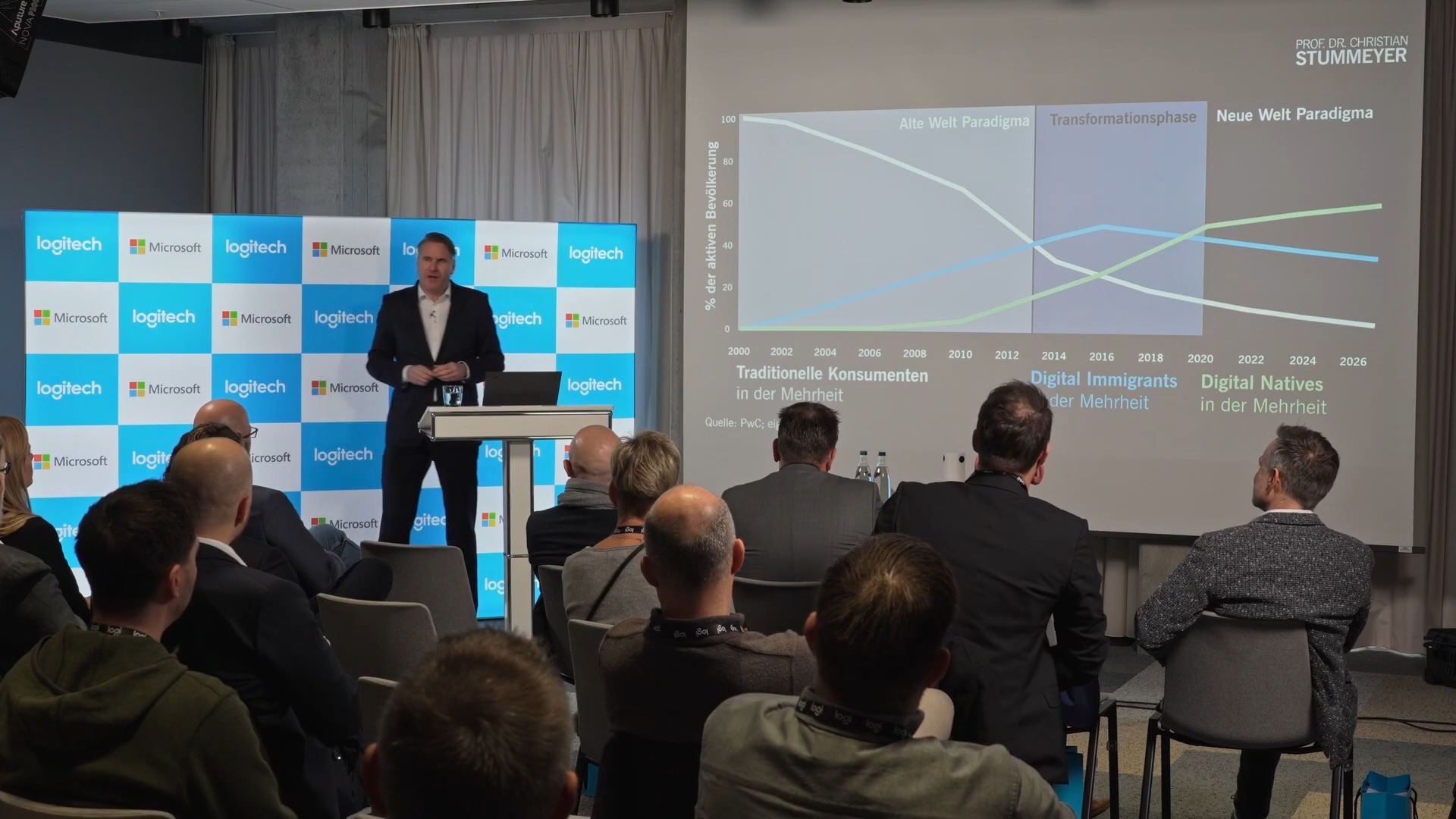 Prof. Dr. Christian Stummeyer vor der Folie mit traditionellen Konsumenten, Digital Immigrants und Digital Natives beim Logitech × Microsoft Business Day