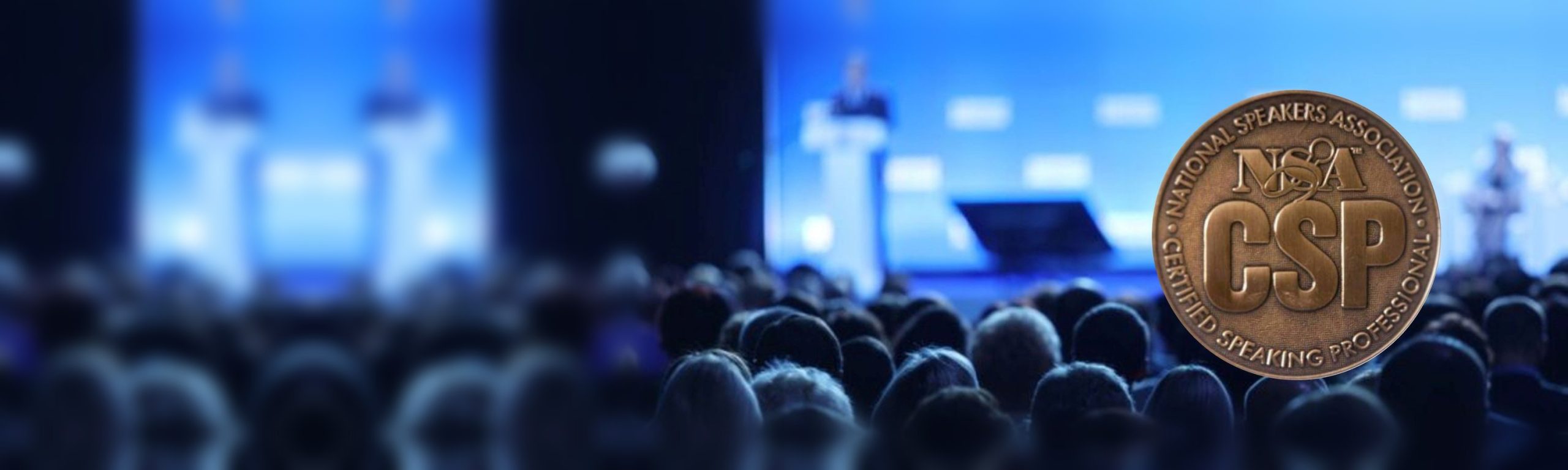 CSP Certified Speaking Professional – medal of the National Speakers Association above a conference hall