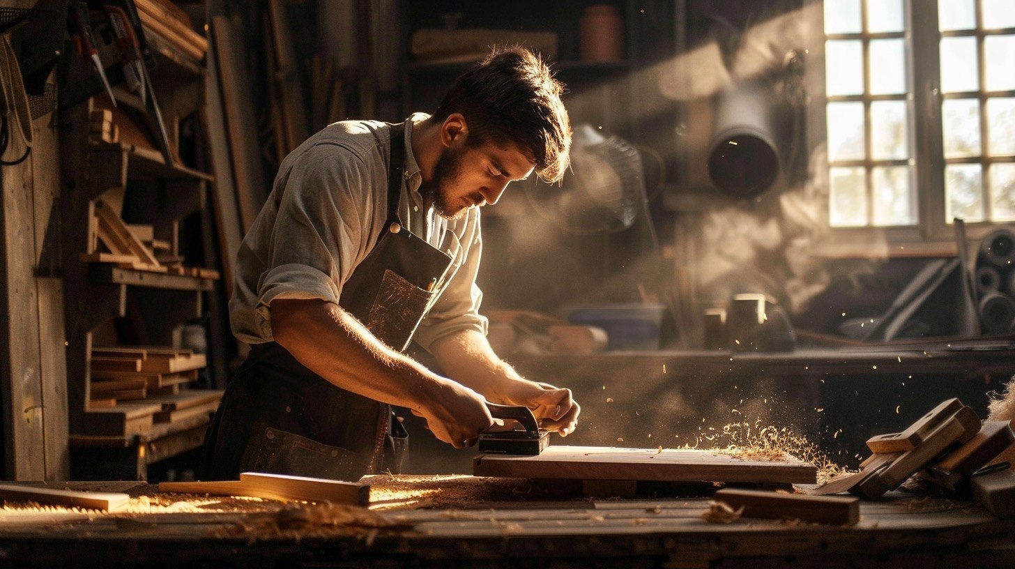 Mit Midjourney erzeugtes Bild eines jungen Schreiners, der in einer warm beleuchteten Werkstatt Holz hobelt
