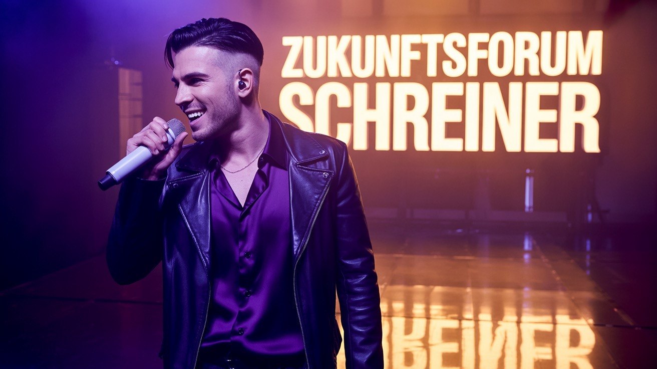 KI-generiertes Titelbild zum Song für das Zukunftsforum Schreiner: ein Sänger vor dem Schriftzug Zukunftsforum Schreiner